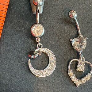Silver Moon and Heart Dangle Navel Rings - Silver Crystal Belly Button Jewelry